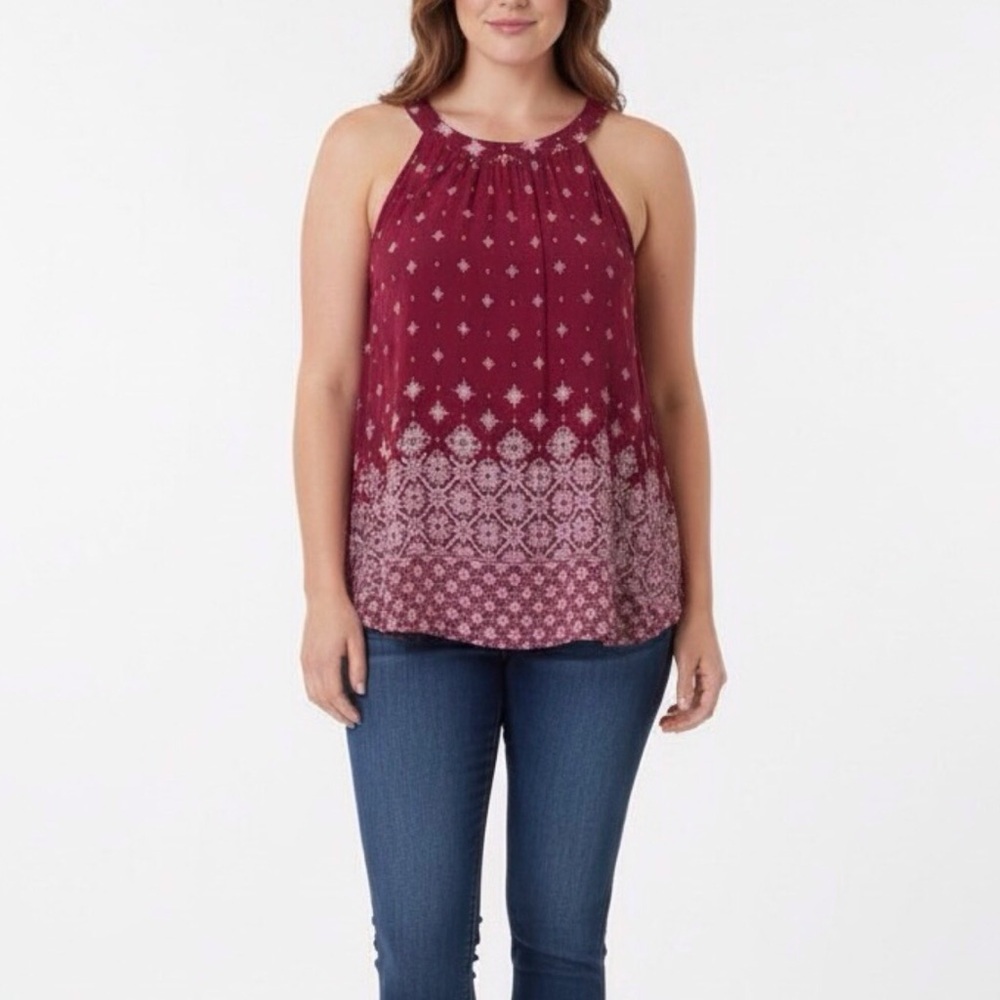 Torrid Blouse Sz 2X Tank Lightweight Halter Top Geometric Cranberry Windsorcore